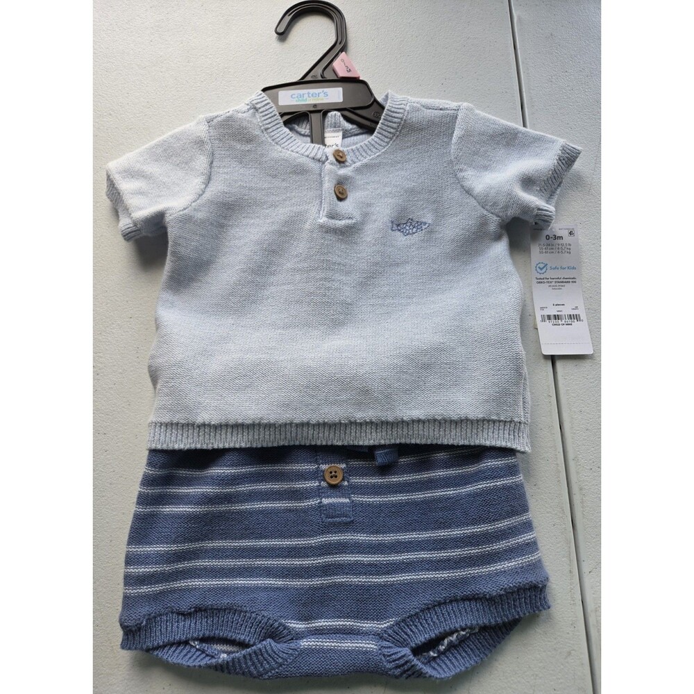 NWT Carter's Baby Boys Blue Fish Knit Short Set Size 0-3 Months Newborn Hospital